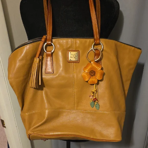 Dooney & Bourke Caramel Leather Tote with Floral Charm - Picture 1 of 5